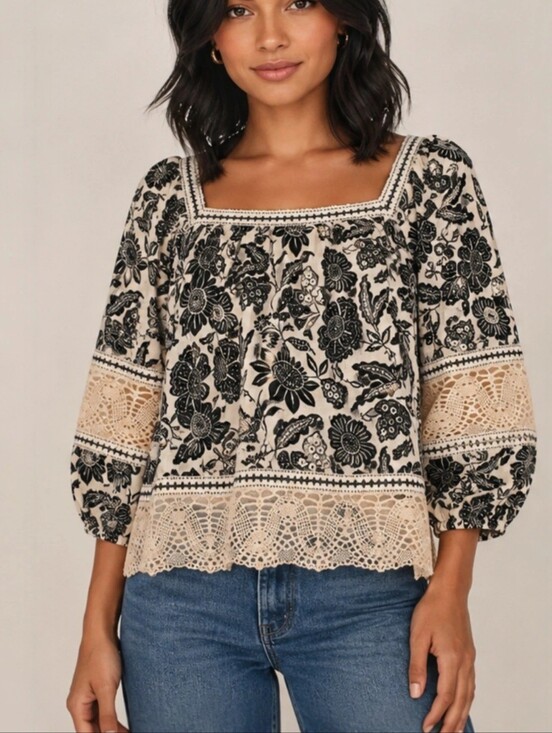 Christian Siriano Tops - Christian Siriano New York Floral Linen Crochet Blouse – Medium